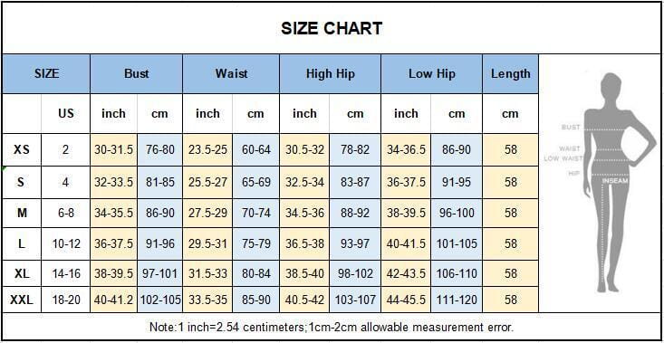 Size chart for women’s black halter feather sequins short mini dress displaying measurements in inches and centimeters across sizes xs to xxl with a silhouette diagram.