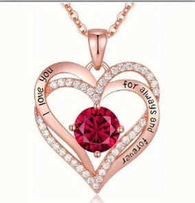 Rose gold heart-shaped pendant necklace featuring a central red sapphire surrounded by sparkling diamonds and engraved with the phrase i love you for always and forever.