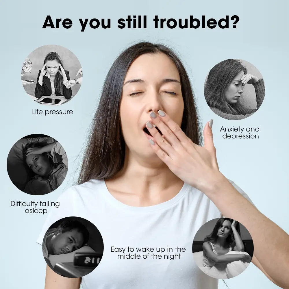 A woman in a white t-shirt with her hand covering her mouth is surrounded by circular images of common sleep-related issues illustrating the intelligent relieve anxiety sleep instrument designed to relieve anxiety depression and improve sleep quality.
