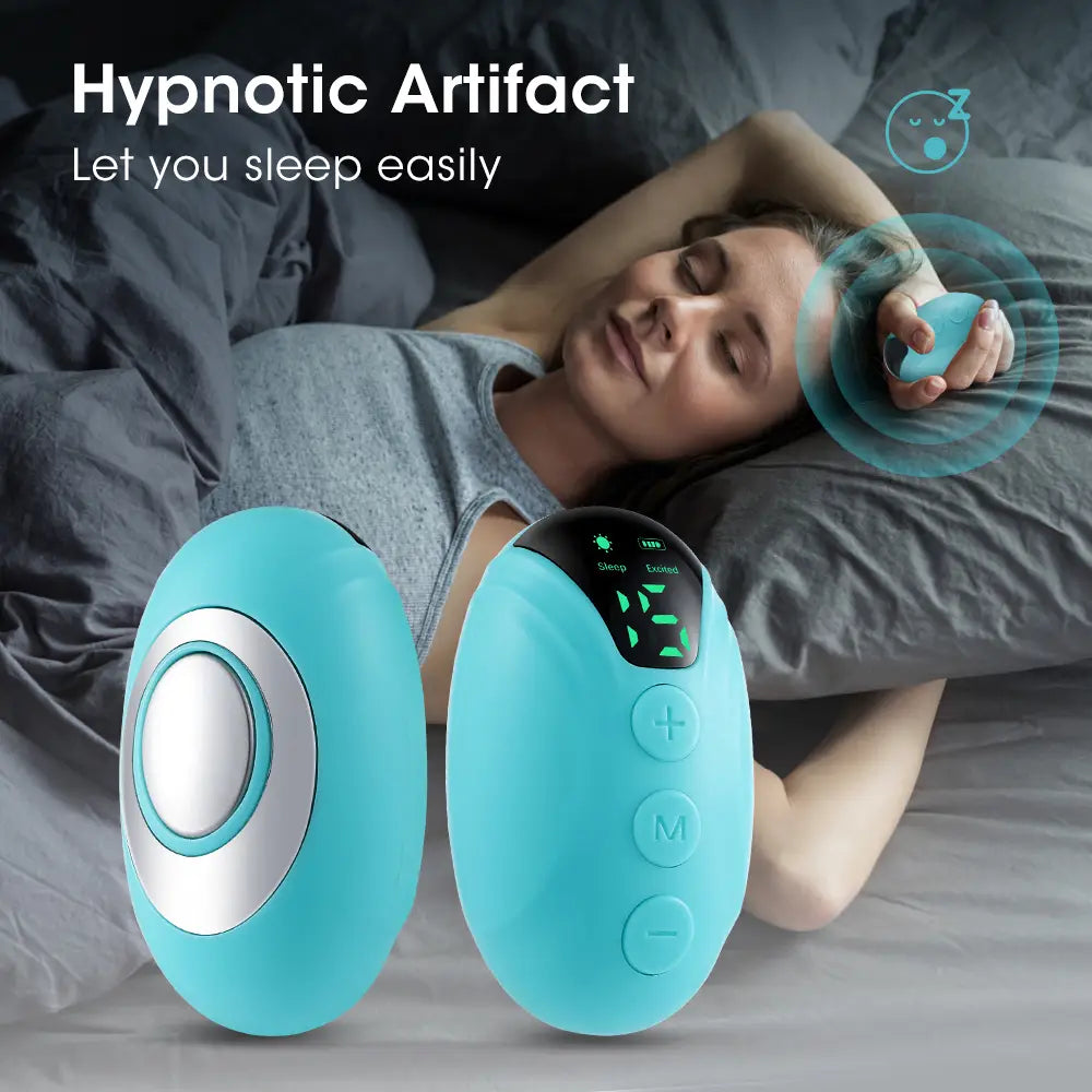 light blue and silver oval-shaped intelligent relieve anxiety sleep instrument with digital display and control buttons designed to relieve anxiety depression