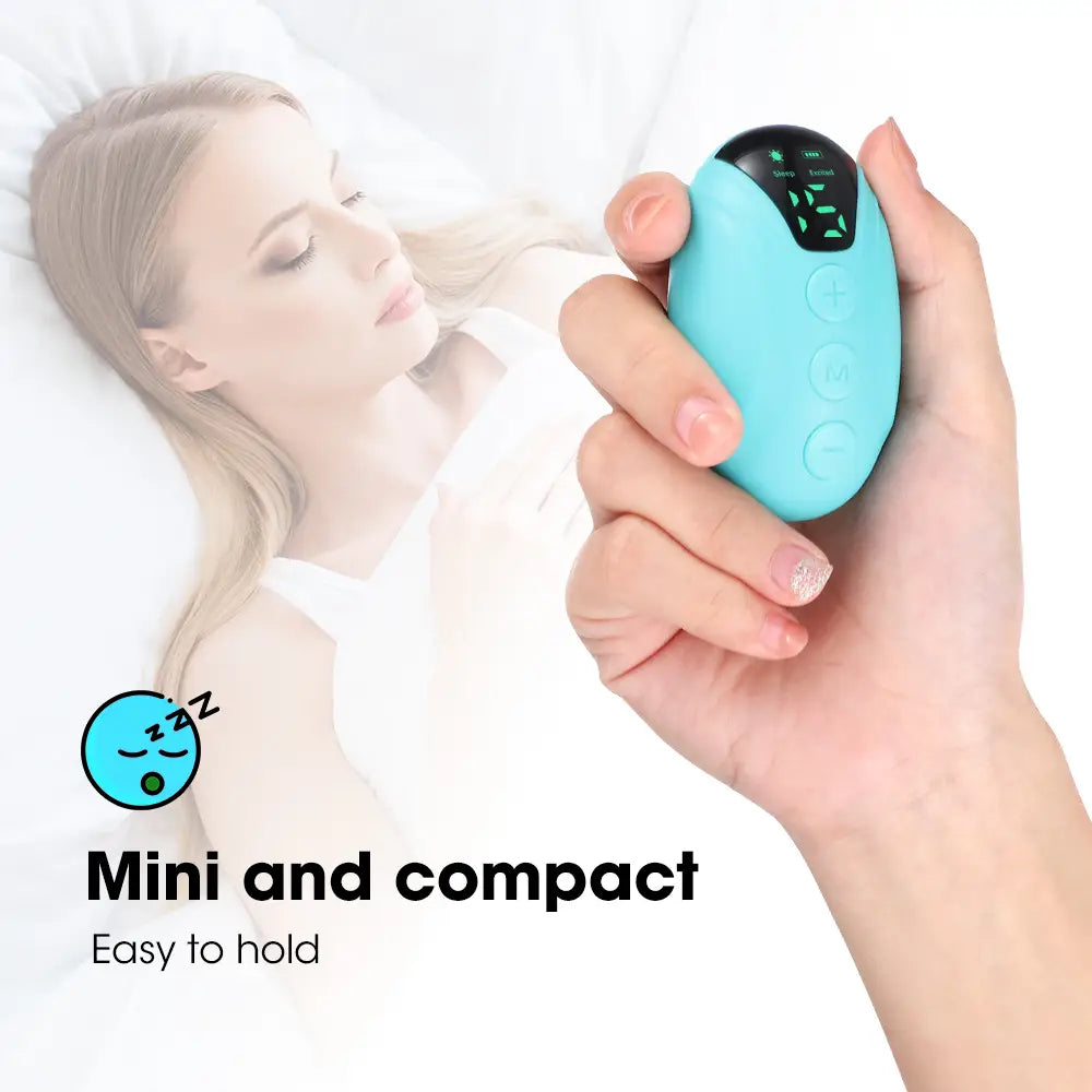 a light blue oval-shaped handheld intelligent relieve anxiety sleep instrument with a digital display and control buttons designed to relieve anxiety depression