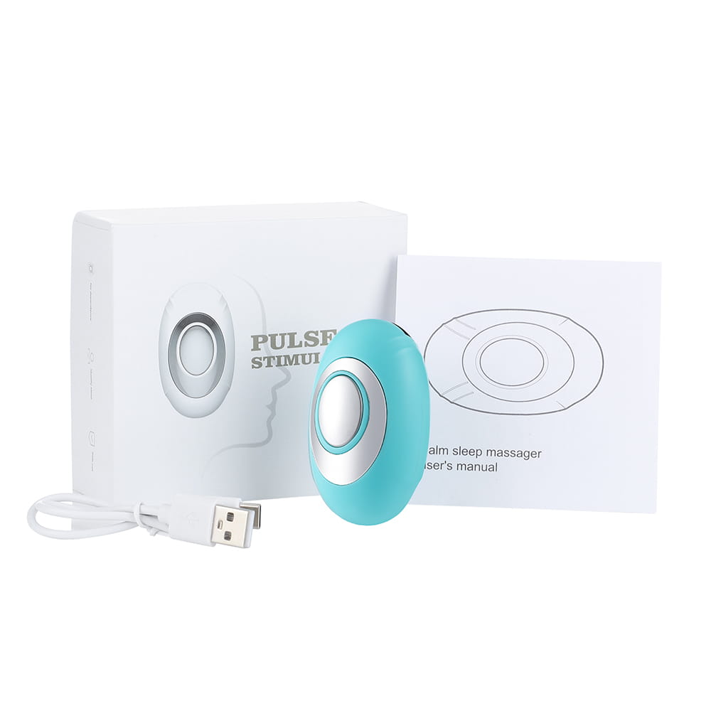 a sleek light blue and silver oval-shaped pulse stimulator sleep instrument designed for palm use to intelligently relieve anxiety and promote sleep quality.