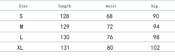 The table displays size measurements in centimeters for a black american style women dress with a leather skirt, listing sizes s through xl with corresponding length waist and hip dimensions.