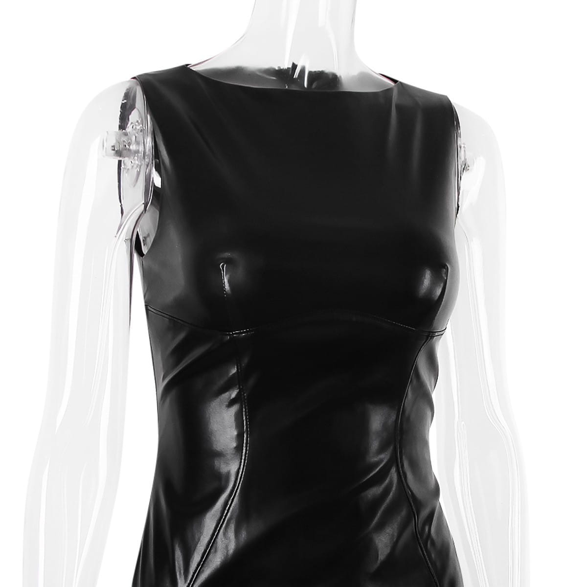 Black glossy faux leather sleeveless style women dress with a fitted silhouette and subtle seam detailing in an american style leather skirt design.