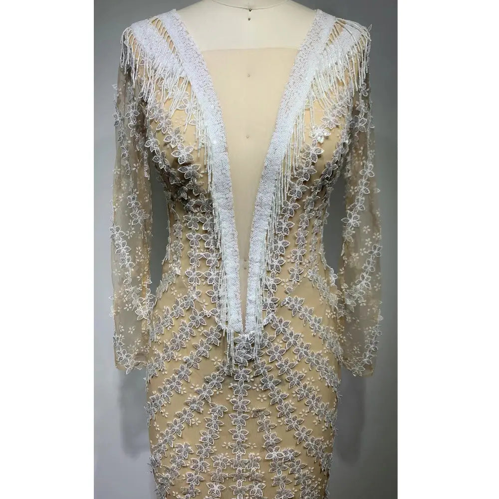 a sheer beige backless tight fishtail gown featuring intricate white lace and delicate beaded floral patterns with long sleeves and a deep v-neckline
