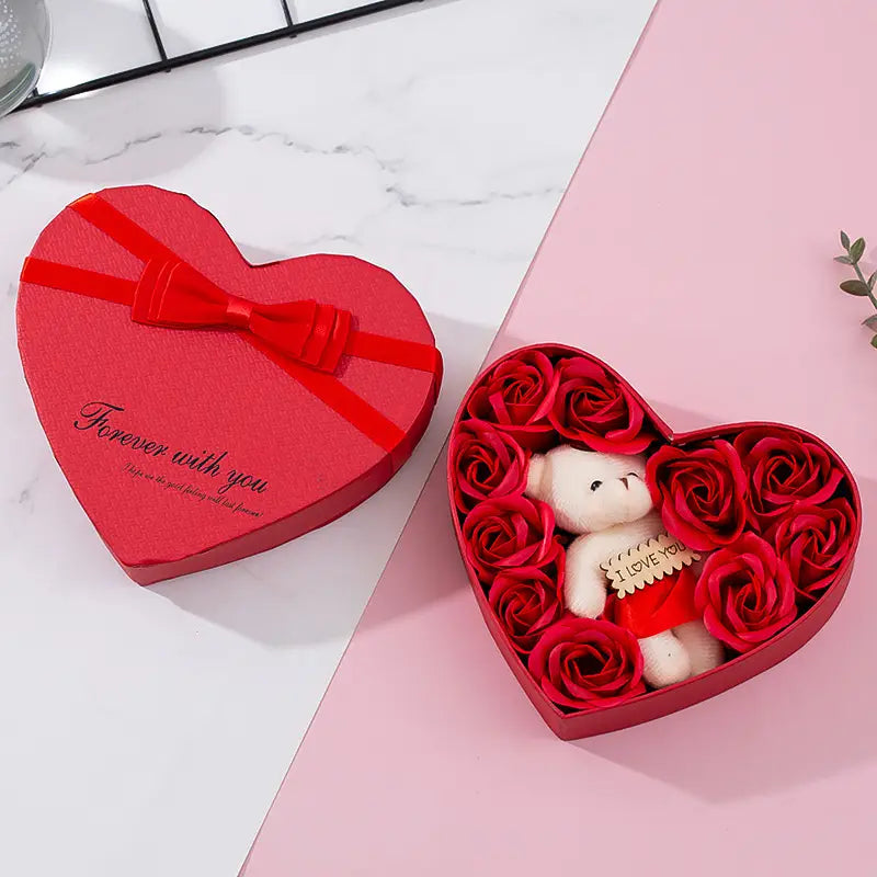 rose red heart gift box for mother’s day containing red soap roses and a white teddy bear holding an i love you sign with a forever with you inscription on the lid.