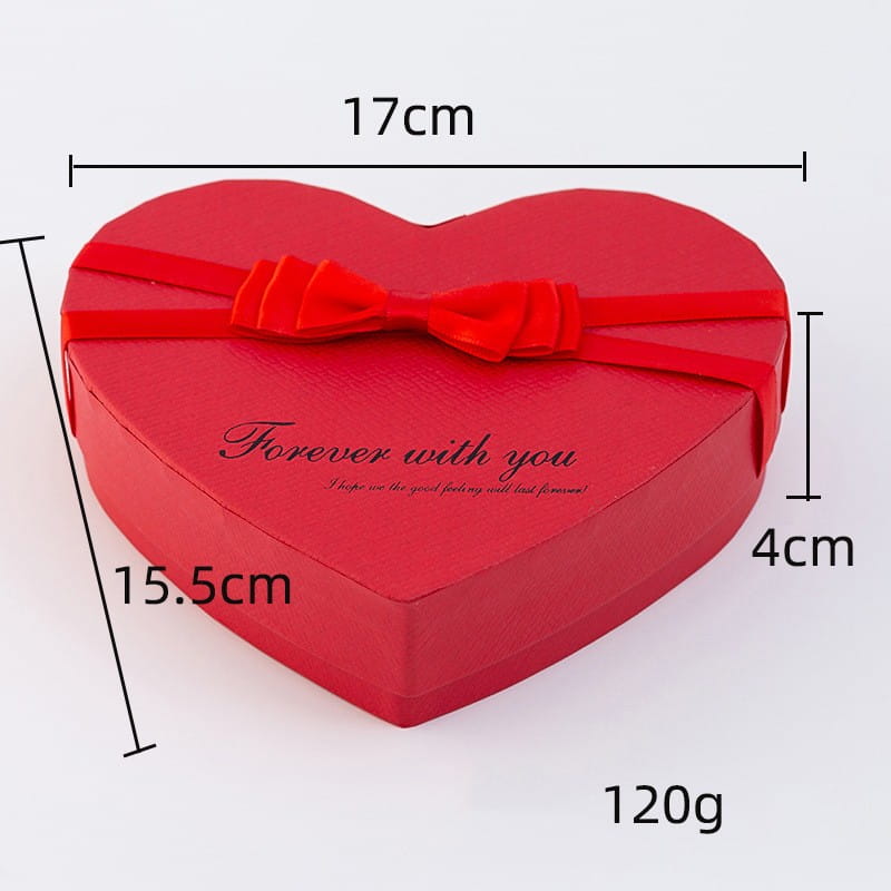 A rose red heart gift box with a matching ribbon bow and the inscription forever with you in elegant black script designed for Mother’s Day.