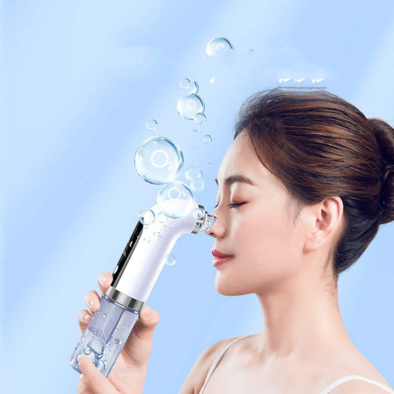 white and transparent handheld facial cleansing device with a sleek modern design featuring an oxygen bubble blackhead remover pore vacuum and blackhead vacuum function for face use.