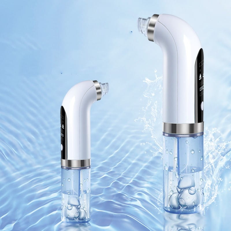 white electric oxygen bubble blackhead remover pore vacuum with clear water reservoir and silver accents designed as a face vacuum for deep cleansing