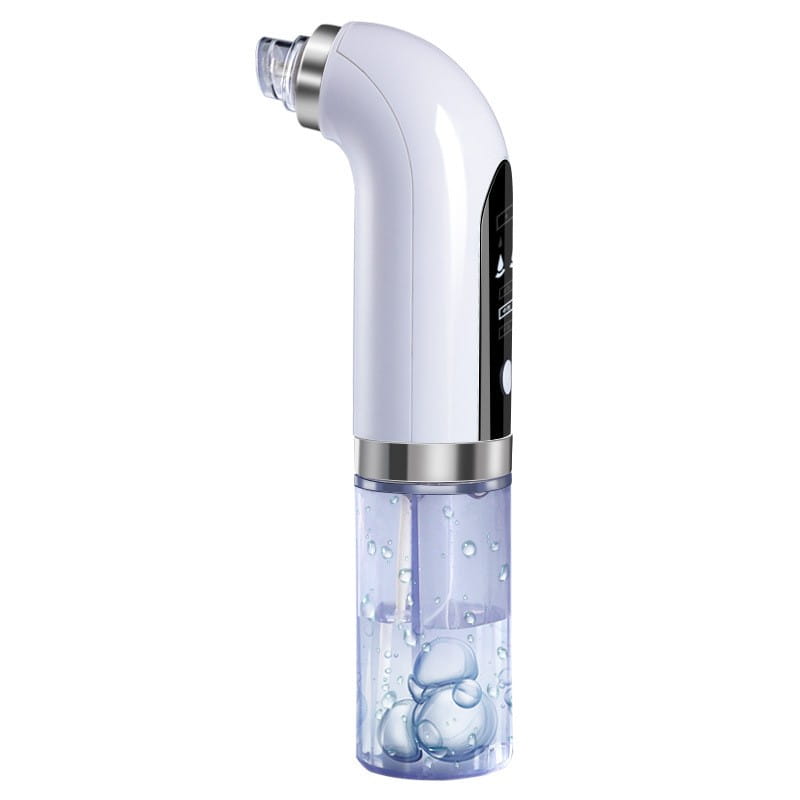 White and transparent handheld oxygen bubble blackhead remover pore vacuum with a sleek curved handle, silver metallic accents, and a clear reservoir filled with bubbling liquid for effective face vacuum cleansing.