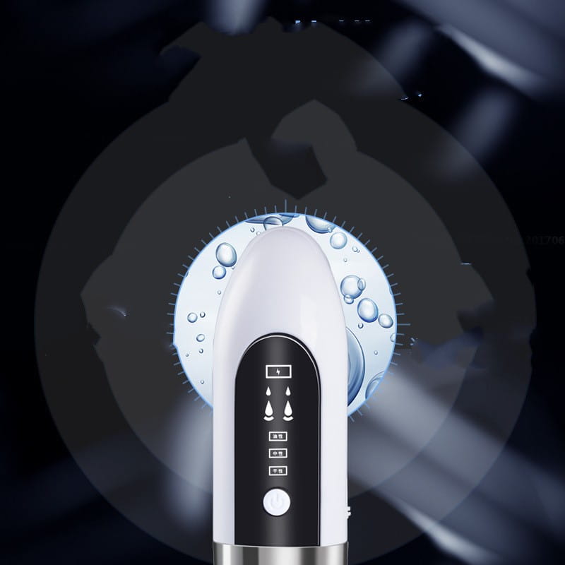 white and silver handheld oxygen bubble blackhead remover pore vacuum with a sleek ergonomic design and a black control panel featuring illuminated icons for efficient face vacuum use.