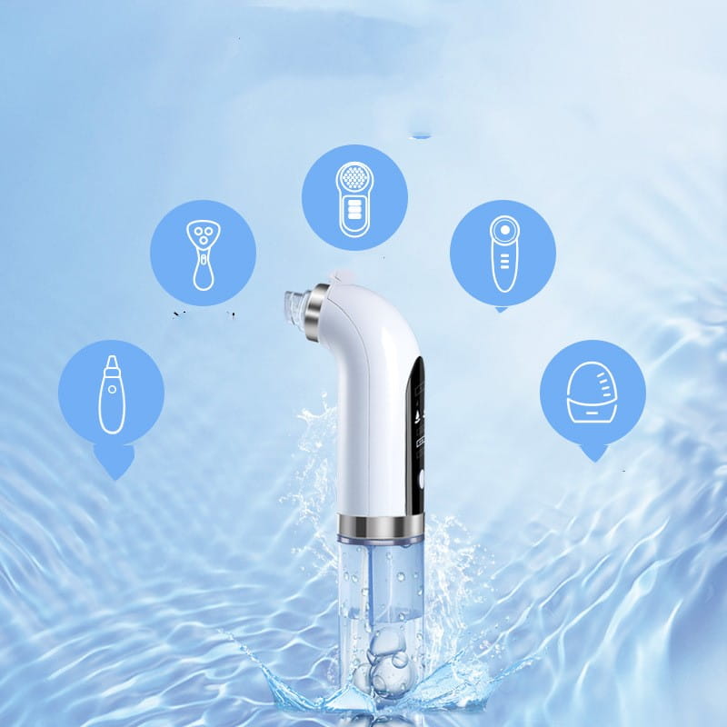 white and silver facial cleansing face vacuum with curved handle and transparent water reservoir base featuring interchangeable attachments icons for blackhead remover pore use
