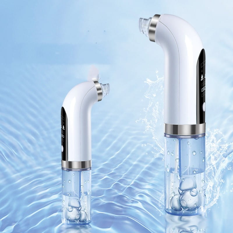 White electric face vacuum with transparent water reservoir and silver accents featured as an oxygen bubble blackhead remover pore vacuum device.