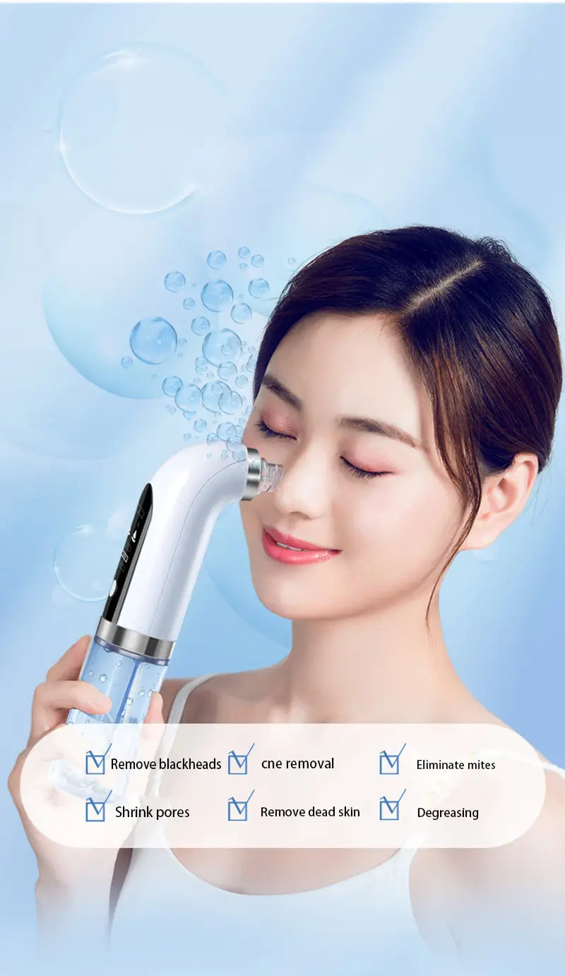 white and silver facial cleansing device with a transparent blue liquid reservoir designed as an oxygen bubble blackhead remover pore vacuum and blackhead vacuum for deep skin cleansing