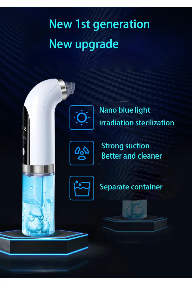 White and silver oxygen bubble blackhead remover pore vacuum with a curved nozzle, transparent liquid-filled chamber, and digital display panel designed as a face vacuum.