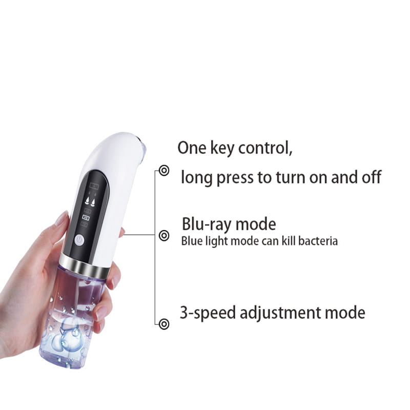 White and silver handheld oxygen bubble blackhead remover pore vacuum with a transparent lower section containing liquid for effective face vacuum cleansing.