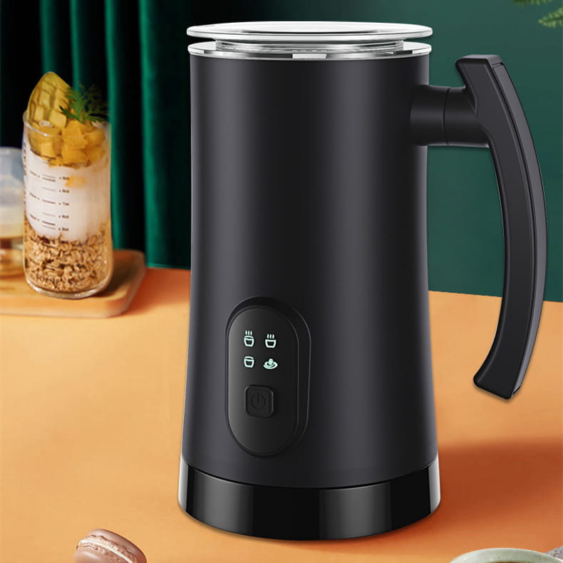 Black stainless steel electric milk frother with a sleek matte finish and stainless steel lid designed as a whipping machine for creamy froth.