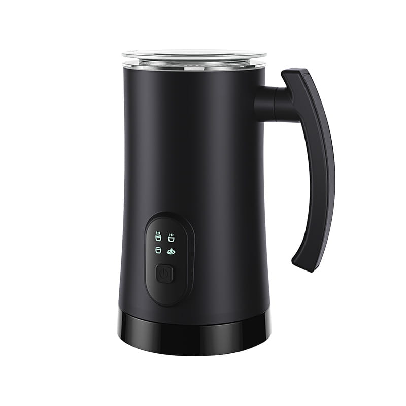 Black stainless steel electric milk frother with a sleek matte finish and transparent lid designed as a whipping machine.