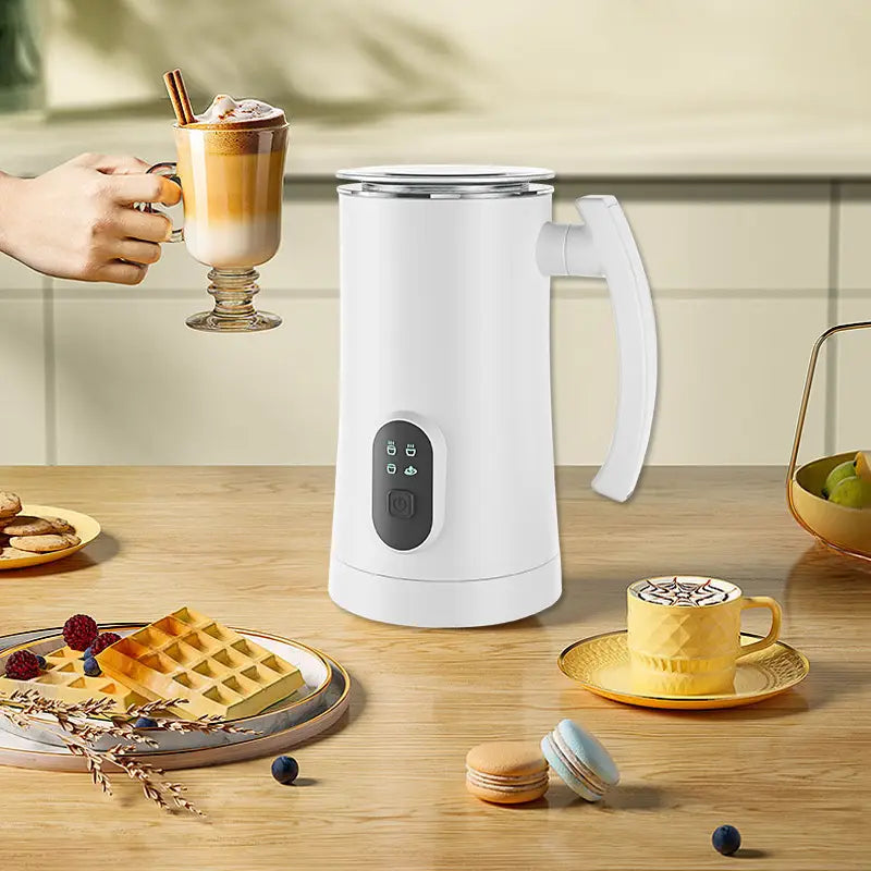White stainless steel electric milk frother with a sleek modern design and a black touch-sensitive control panel for efficient whipping machine use.