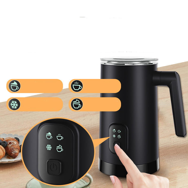 Black stainless steel electric milk frother with a sleek cylindrical body, transparent lid, and ergonomic handle for efficient whipping machine performance.