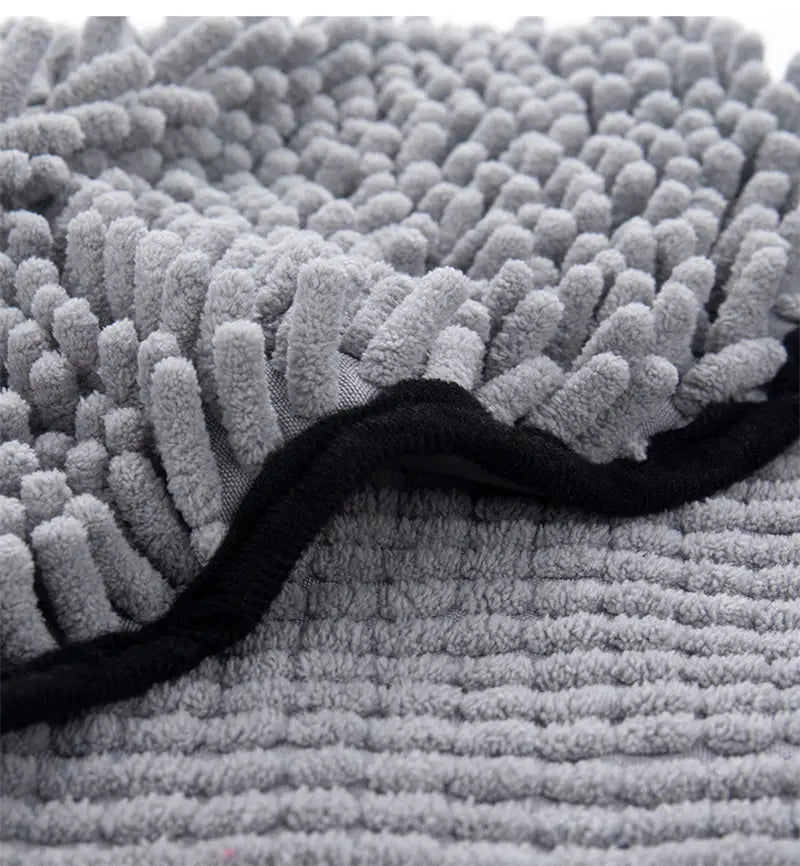 gray chenille microfiber super absorbent bath towel for dogs cats with a black elastic edge designed for effective drying and pet care.