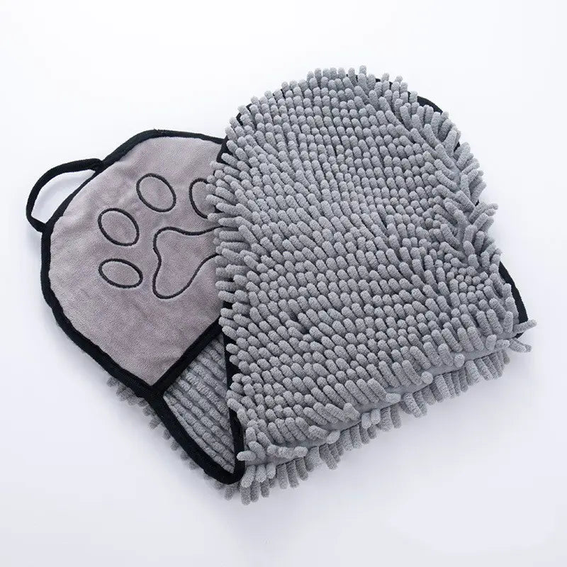 Gray plush microfiber car cleaning mitt featuring a paw print design on the back as part of the super absorbent bath towel for dogs cats towels collection.