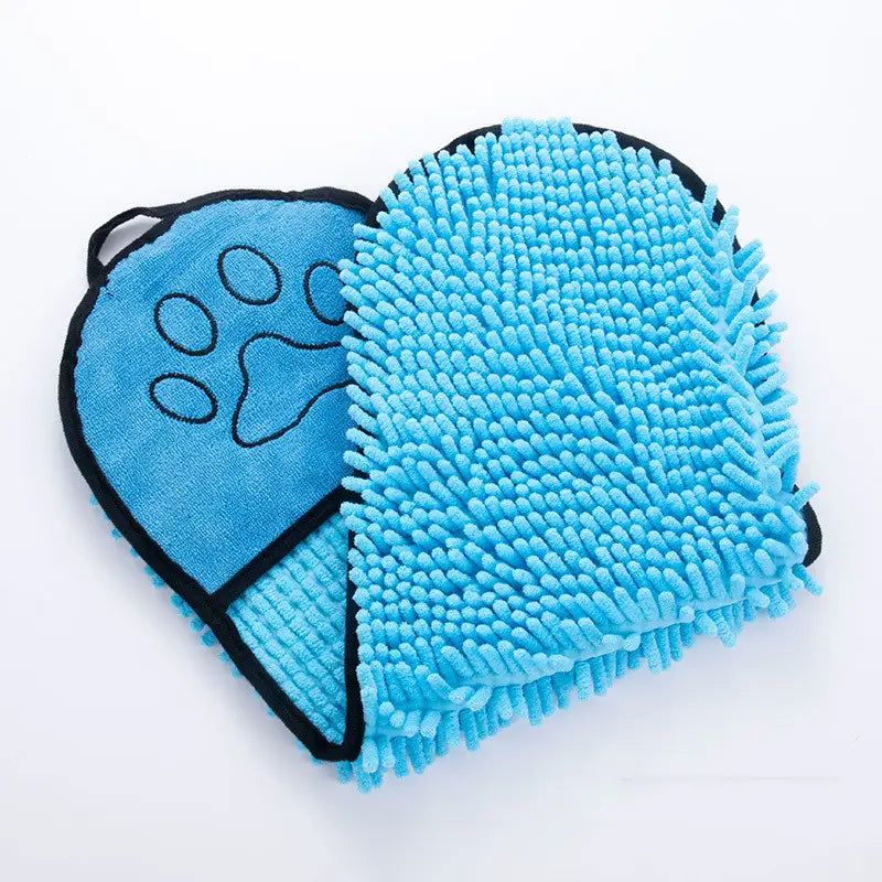 blue pet grooming mitt with fluffy textured microfiber surface and black trim featuring embroidered paw print designed for super absorbent bath towel use for dogs cats towels