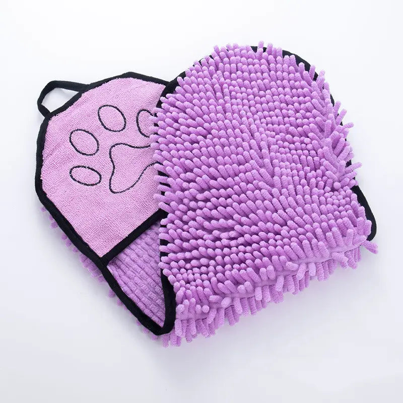purple microfiber pet grooming mitt with black trim and paw print design for super absorbent bath towel use for dogs cats towels