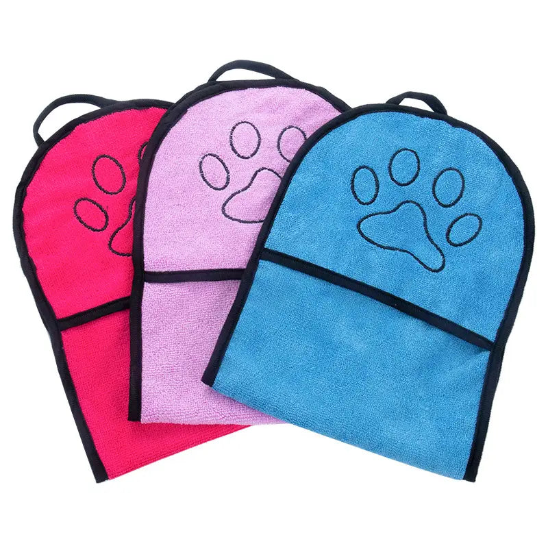 three colorful super absorbent bath towel mitts for dogs cats in pink purple and blue microfiber with black paw print designs