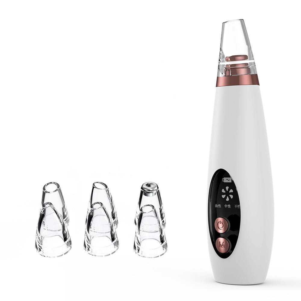 White and rose gold electric pores clean artifact nose vacuum with clear glass attachments for household cosmetic use.