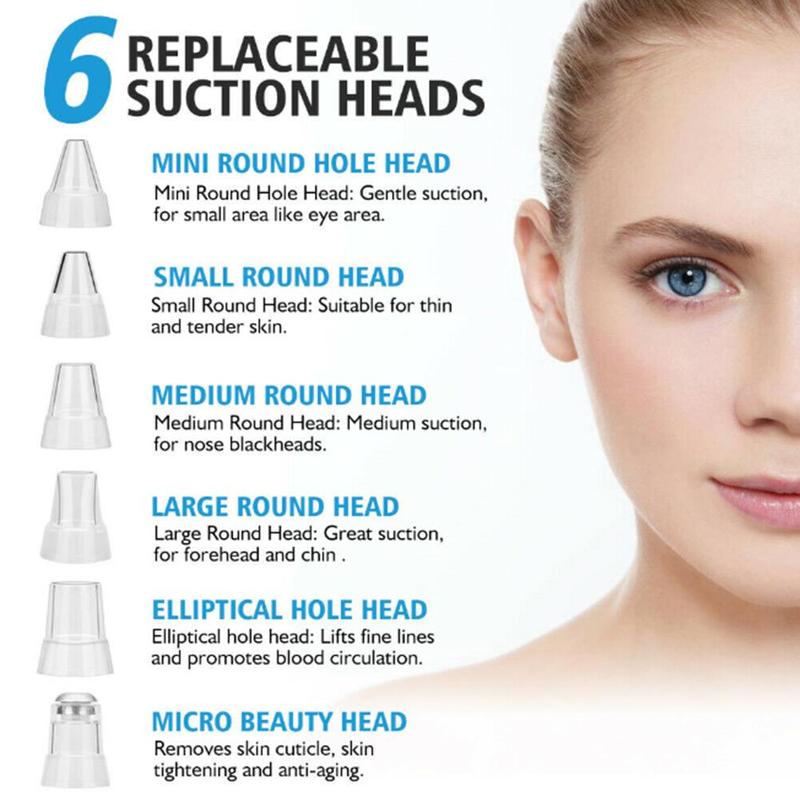 the electric pores clean artifact features six replaceable suction heads in distinct shapes including mini round hole, small round, medium round, large round, elliptical hole, and micro beauty head for versatile facial cleansing uses in a clean artifact household cosmetic device.