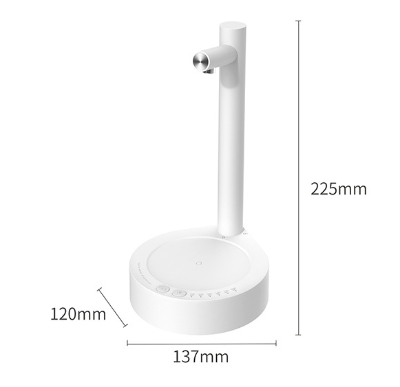 white minimalist desk lamp with sleek cylindrical base and metallic nozzle paired with dark blue smart desk dispenser electric water for efficient water dispensing.