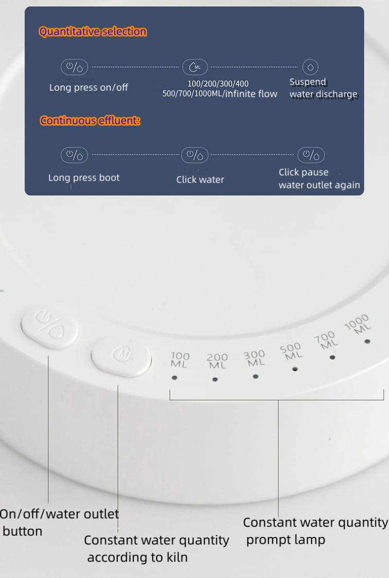 white plastic water dispenser with labeled volume settings and control buttons for dark blue smart desk dispenser electric water