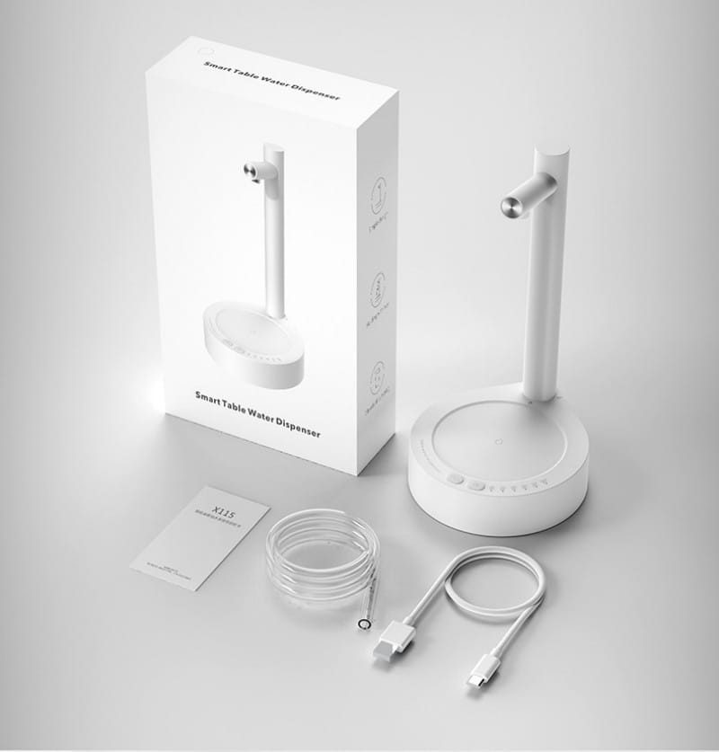 White smart table water dispenser with sleek minimalist design and cylindrical spout for desk dispenser electric water use.