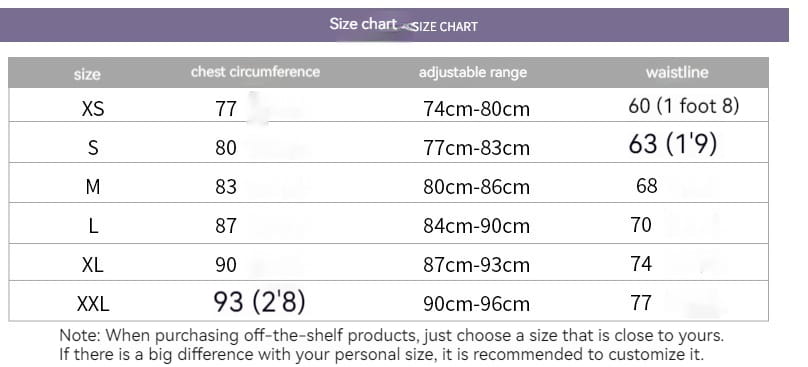 Size chart for the red rose embroidery temperament bride bra wedding dress displaying measurements in centimeters and inches from sizes XS to XXL for accurate bride bra trailing fit.