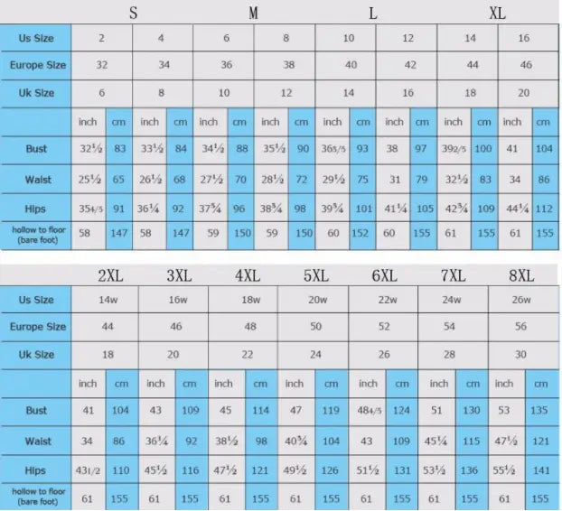 Size chart for bridal mesh long sleeve wedding dress displaying us, europe, and uk sizes with bust, waist, and hip measurements.