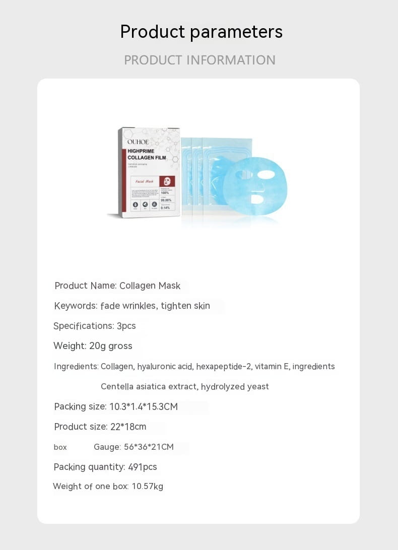 a blue translucent collagen face mask film in a box labeled as an anti-aging collagen mask to fade wrinkles fine and reduce wrinkles fine lines