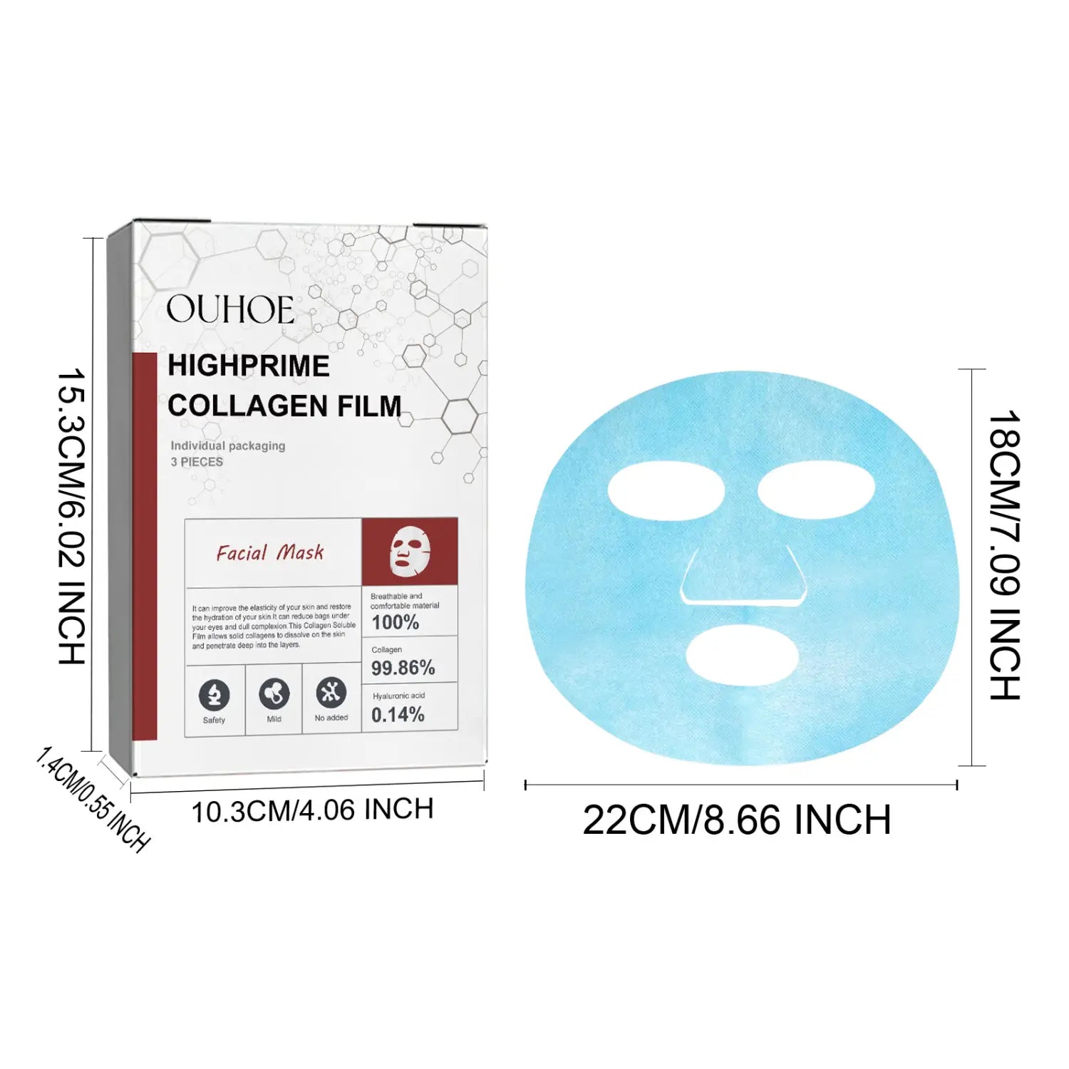 Light blue collagen facial mask sheet in individual packaging designed as an anti-aging fine lines mask to fade wrinkles fine and reduce wrinkles fine lines.