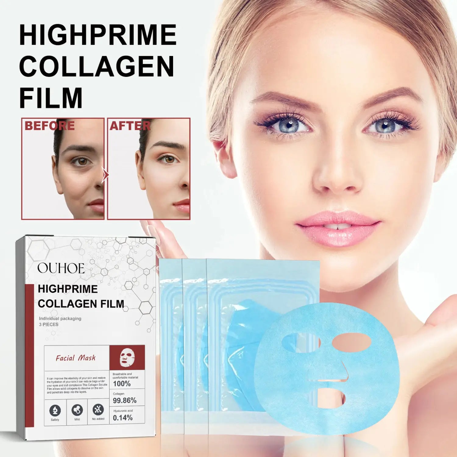 Light blue translucent collagen facial mask film in individual packaging designed as an anti-aging fine lines mask to fade wrinkles fine and wrinkles fine lines.