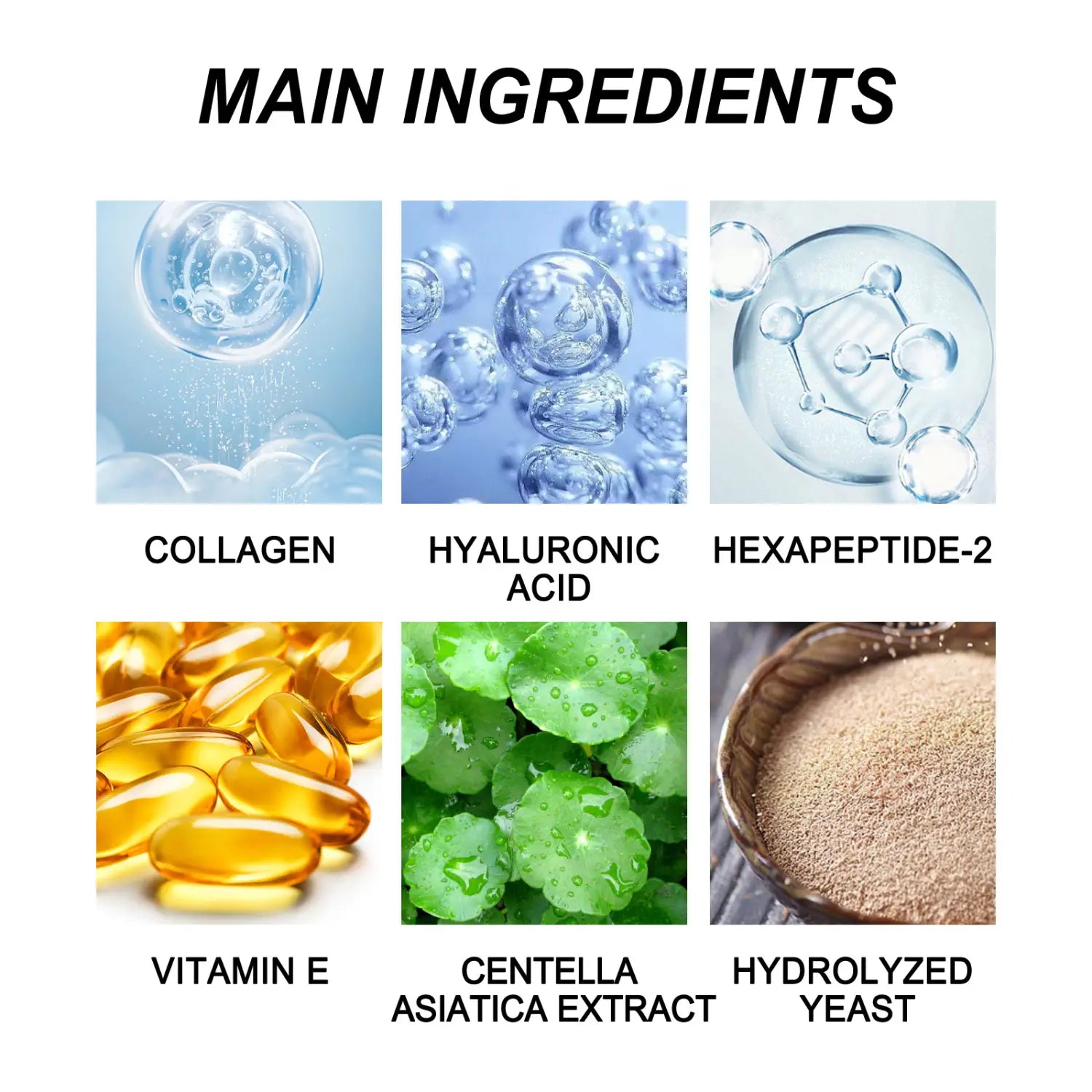 the anti-aging collagen mask to fade wrinkles fine features six main ingredients including transparent collagen spheres, clear hyaluronic acid droplets with molecular structures, hexapeptide-2 in a glass-like sphere, and golden-yellow translucent vitamin e capsules designed to reduce wrinkles fine lines.