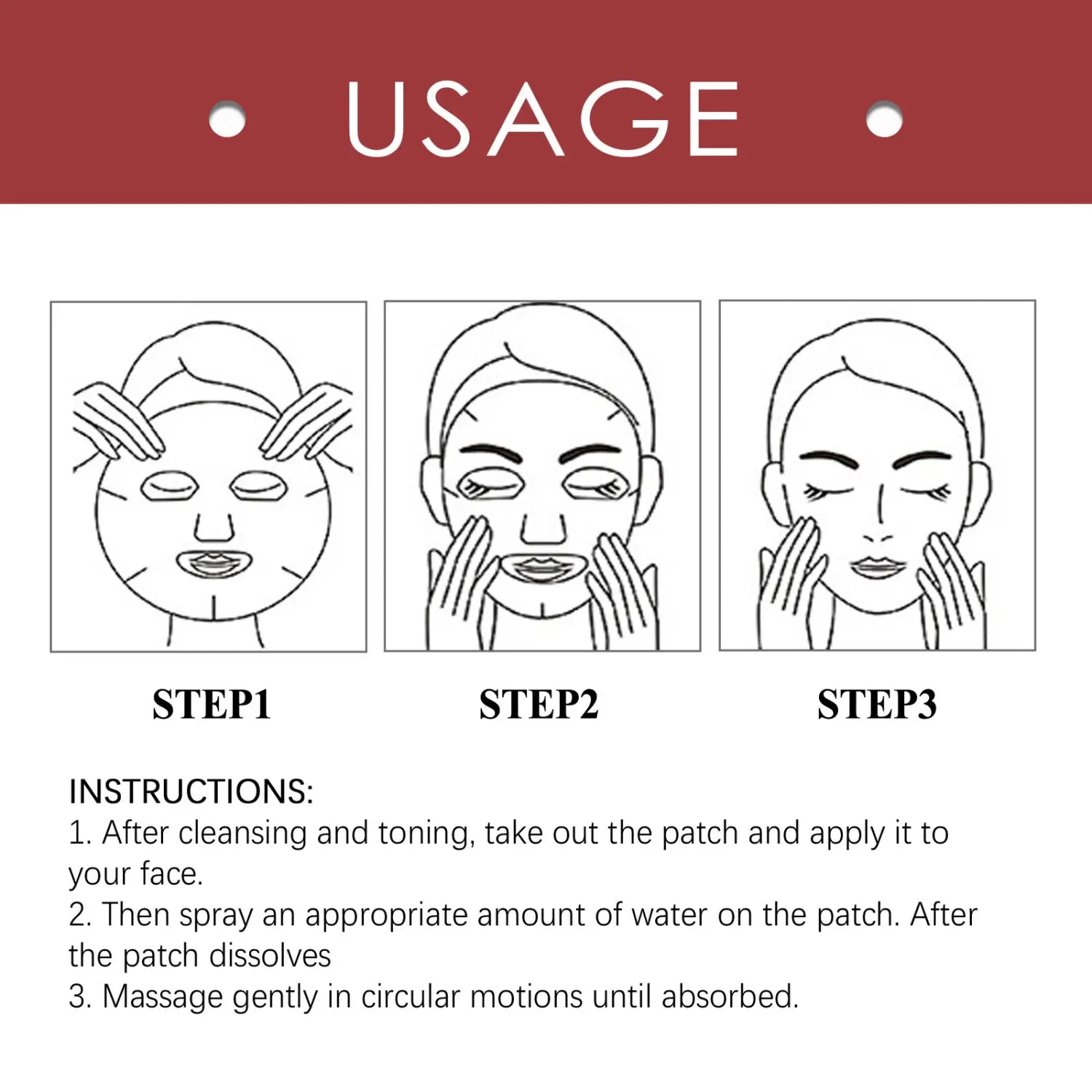 Face mask patch for facial hydration and skincare shown in a step-by-step application guide for the anti-aging collagen mask to fade wrinkles fine and reduce wrinkles fine lines.