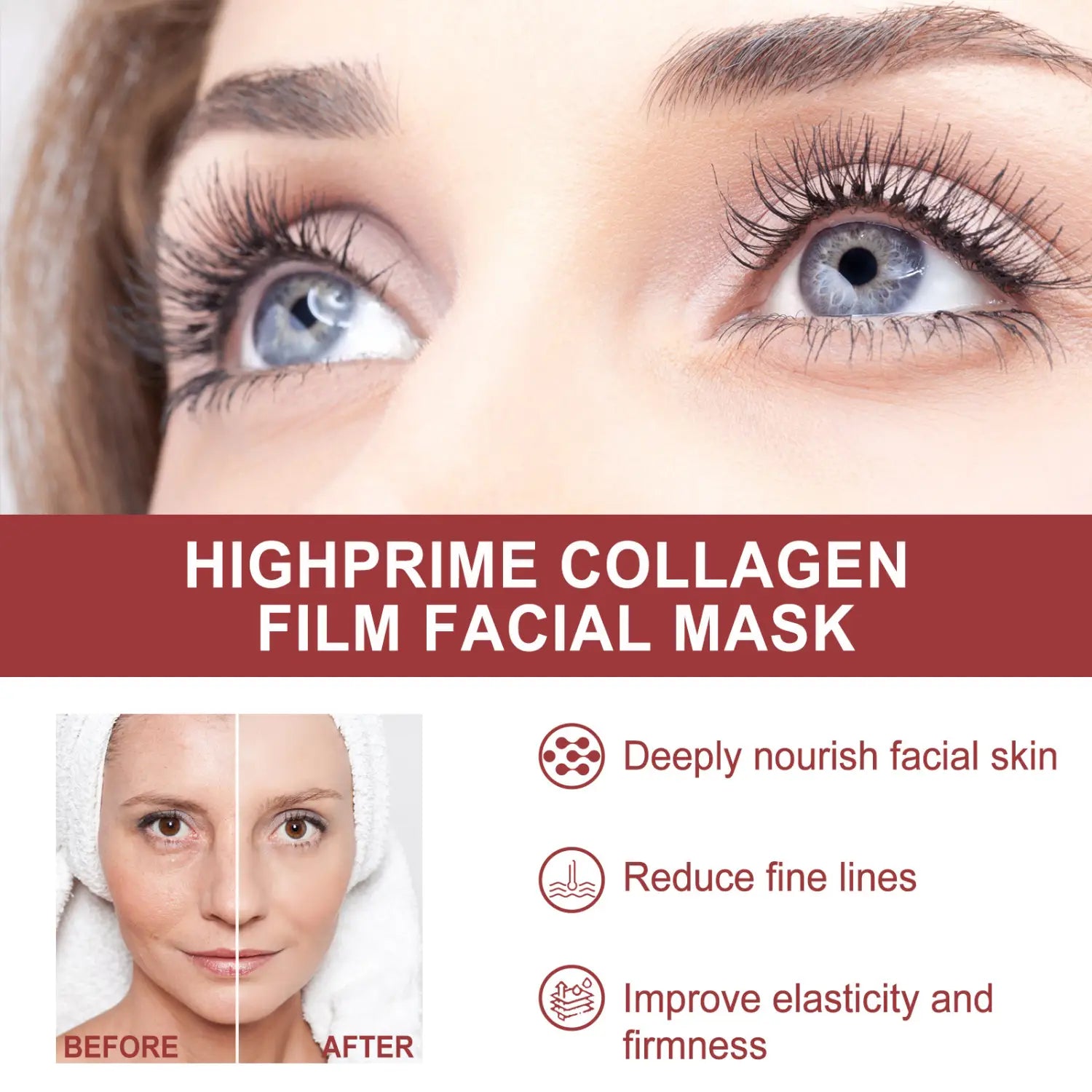 Highprime anti-aging collagen mask with a sleek transparent collagen film facial mask designed to fade wrinkles fine and rejuvenate skin.