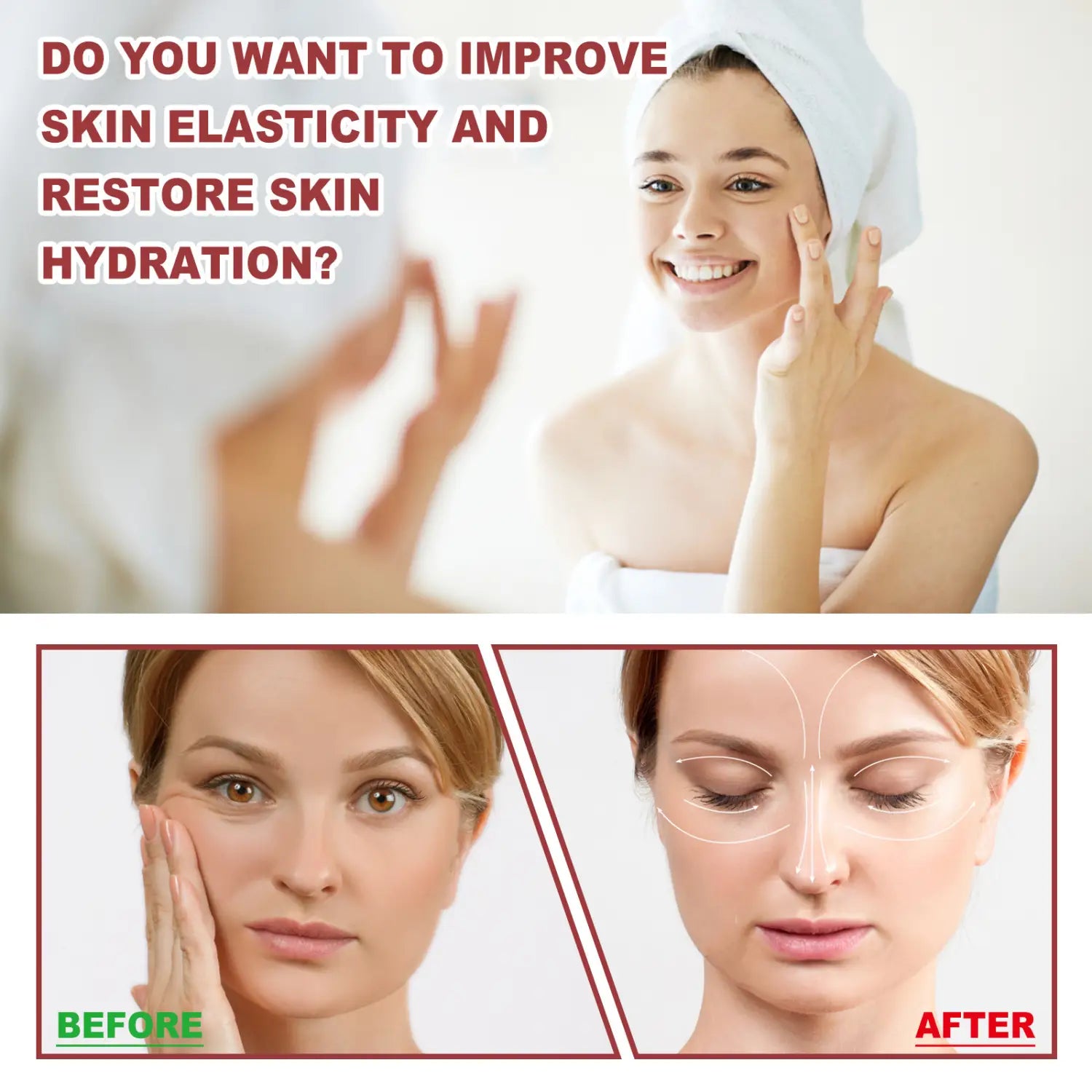 A woman with a white towel wrapped around her head smiles gently touching her face while using an anti-aging collagen mask designed to fade wrinkles fine lines and reduce wrinkles fine lines.