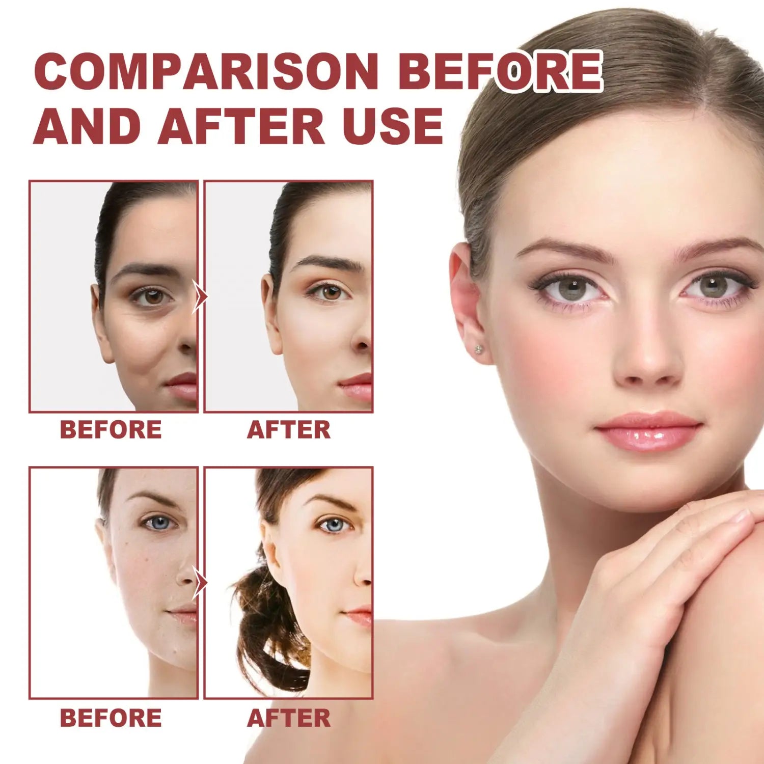 A woman with fair skin and light brown hair wearing subtle makeup models an anti-aging collagen mask designed to fade wrinkles fine and reduce wrinkles fine lines.