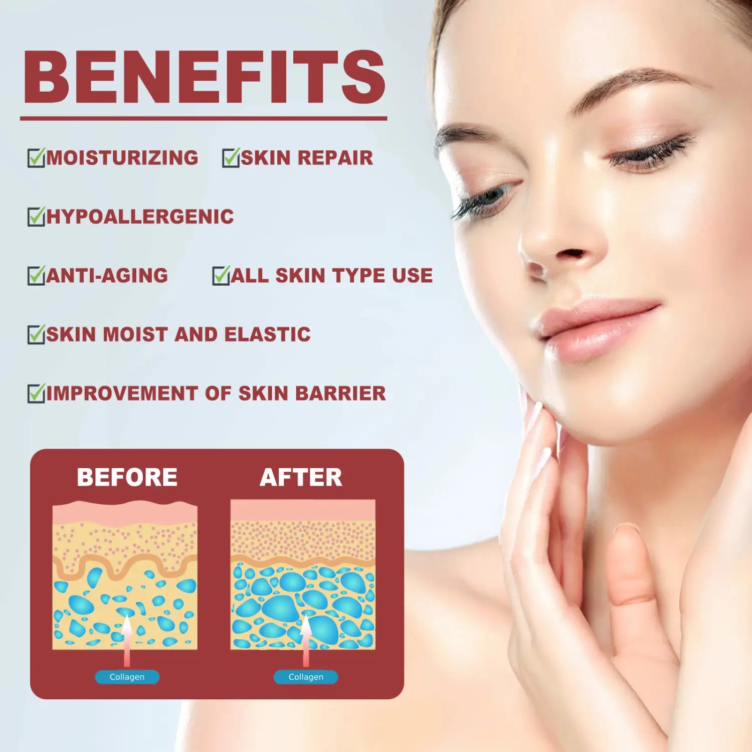 Anti-aging collagen mask moisturizing skincare product designed for all skin types with hypoallergenic and anti-aging benefits featuring a before-and-after diagram to fade wrinkles fine and improve collagen for wrinkles fine lines.