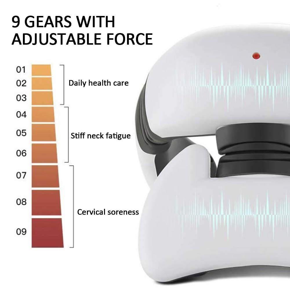 White and black smart electric pulse neck massage head with 9 adjustable force settings for heads pain relief and neck massage.