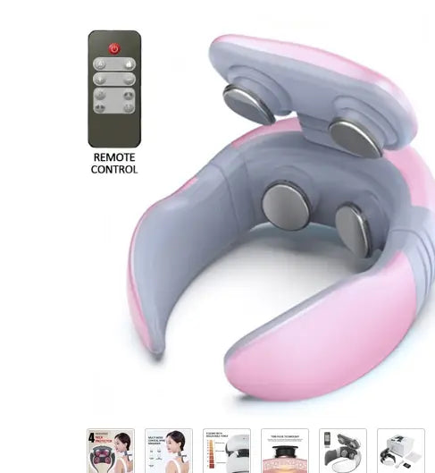 Pink and gray smart electric pulse neck massage relief tool featuring four circular massage heads for effective neck massage and heads pain relief.