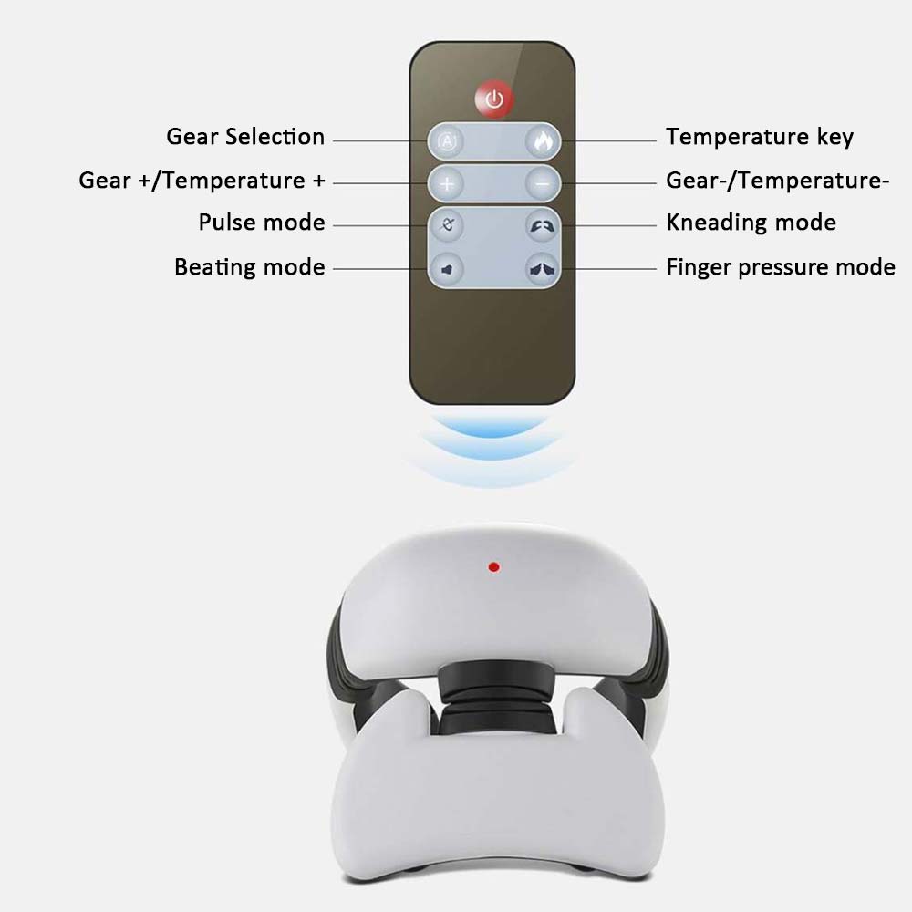 white and black smart electric pulse neck massage relief tool with a remote control featuring labeled buttons for heads pain relief and multiple massage modes