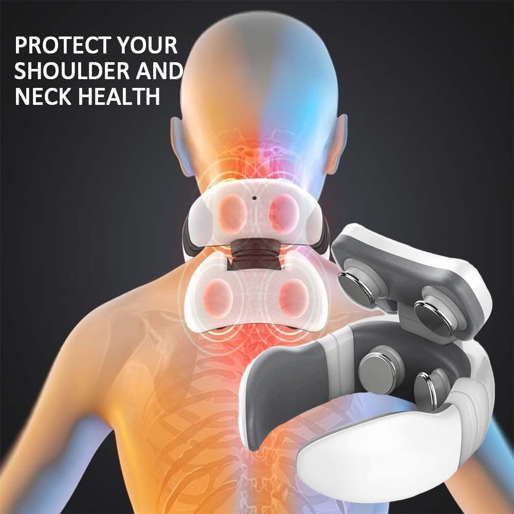White and gray ergonomic neck and shoulder massager with circular massage heads designed for smart electric pulse neck massage and heads pain relief.