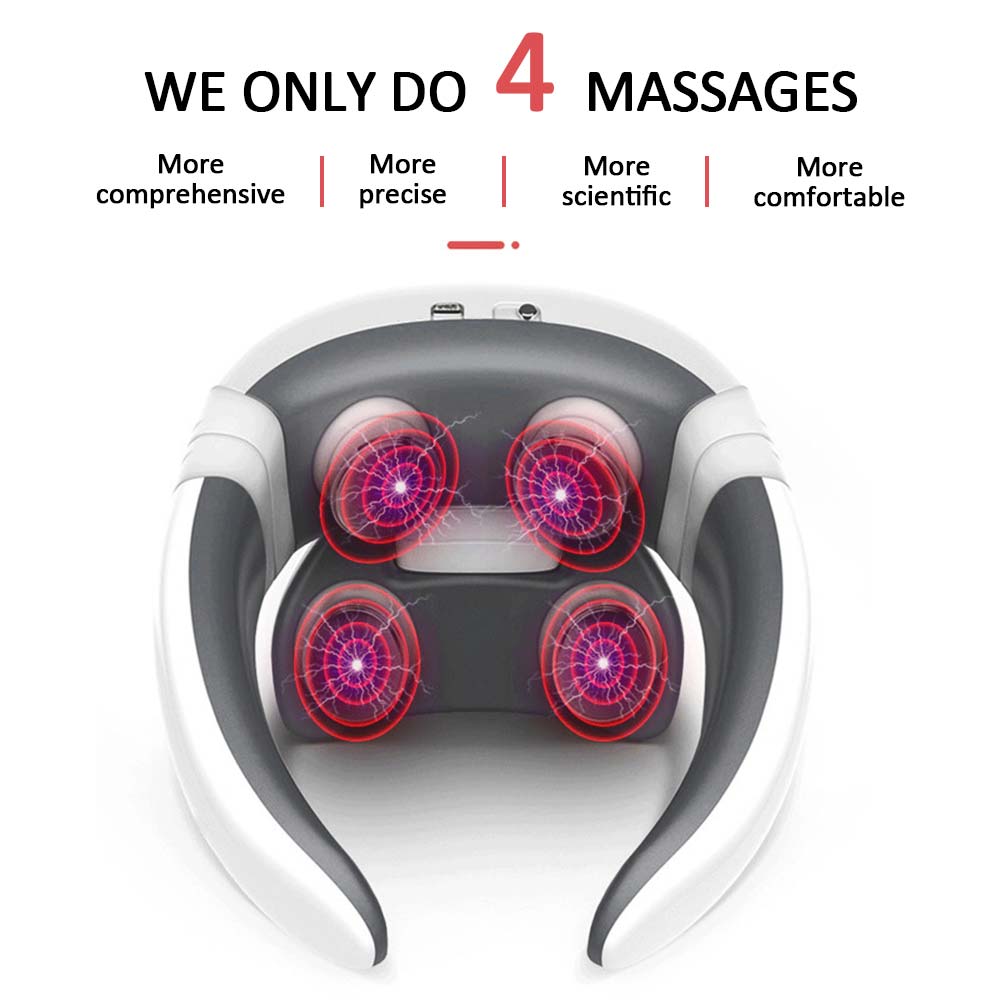 White and gray smart electric pulse neck massage relief tool with four glowing red heads for pain relief